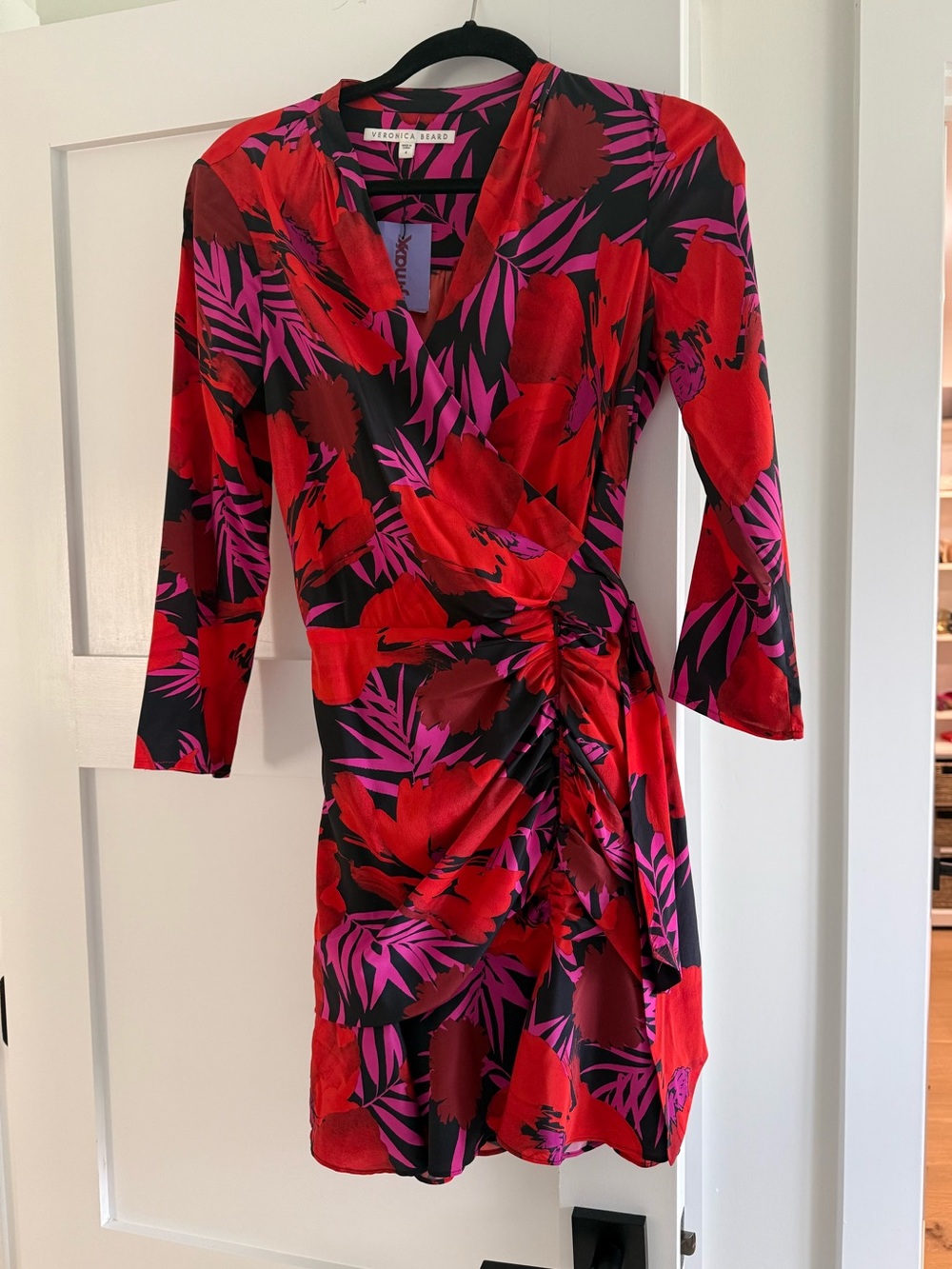 Veronica Beard Red & Pink Floral Wrap Mini Dress